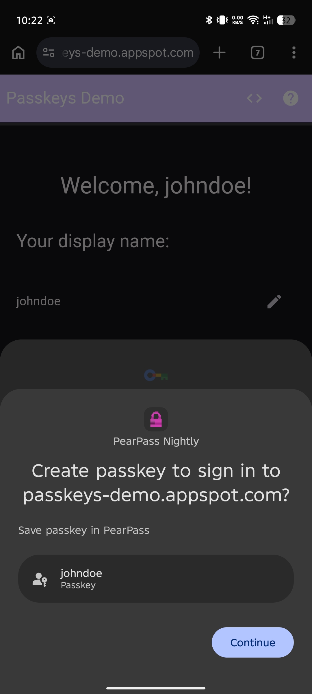 Start passkey creation